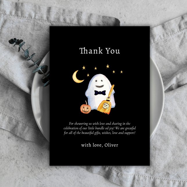 Tarjeta De Agradecimiento Cute Pequeño Fantasma de Halloween para Baby Showe (Cutie Little Boo Ghost Hollaween Baby Shower Thank You Card)