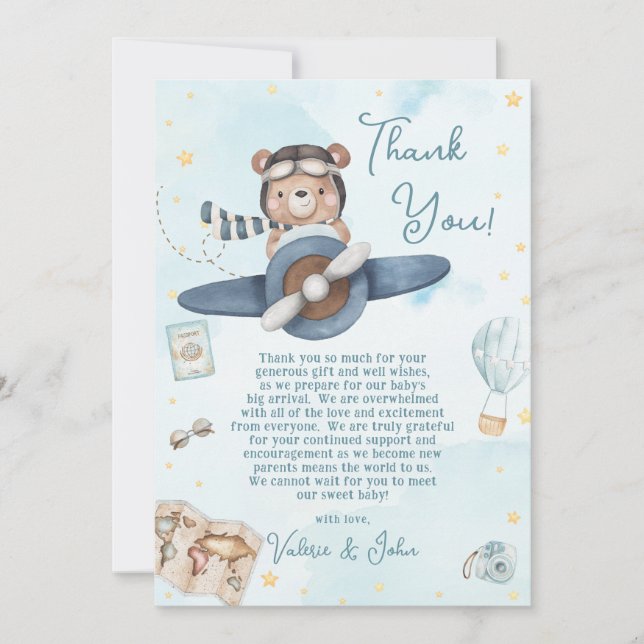 Tarjeta De Agradecimiento Cute Pilot Teddy Bear Blue Plane Boy Baby Shower (Anverso)