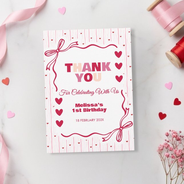 Tarjeta De Agradecimiento Cute Pink and Red Sweetheart Thank You Birthday  (Subido por el creador)