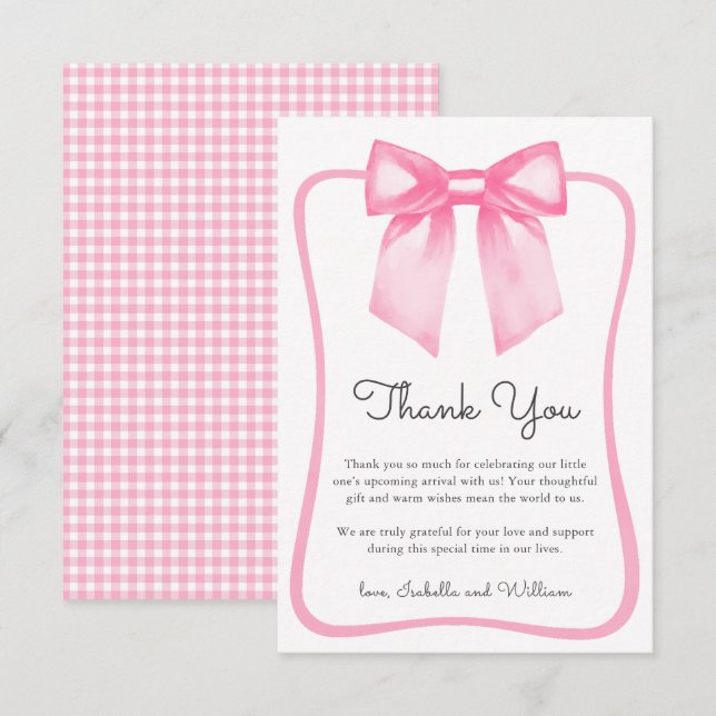 Tarjeta De Agradecimiento Cute Pink Bow Baby Shower Thank You Card (Anverso / Reverso)