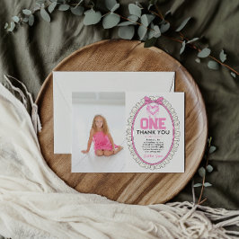 Tarjeta De Agradecimiento Cute Pink Bow Coquette primera foto de cumpleaños