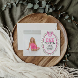 Tarjeta De Agradecimiento Cute Pink Bow Coquette primera foto de cumpleaños