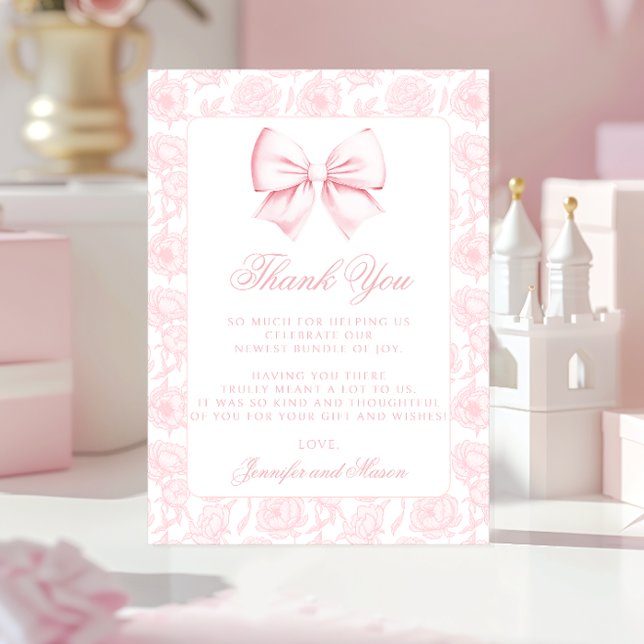 Tarjeta De Agradecimiento Cute pink bow floral preppy baby girl shower (Subido por el creador)
