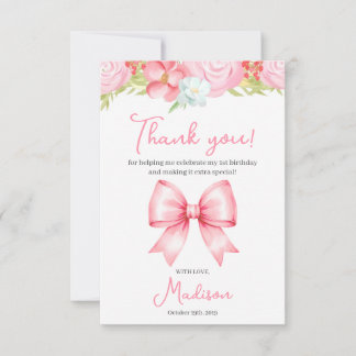 Tarjeta De Agradecimiento Cute Pink Bow Girl First Birthday Thank You Card