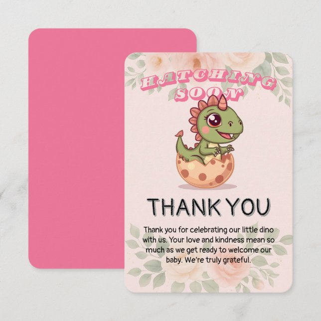 Tarjeta De Agradecimiento Cute Pink Dino Hatching Soon (Anverso / Reverso)