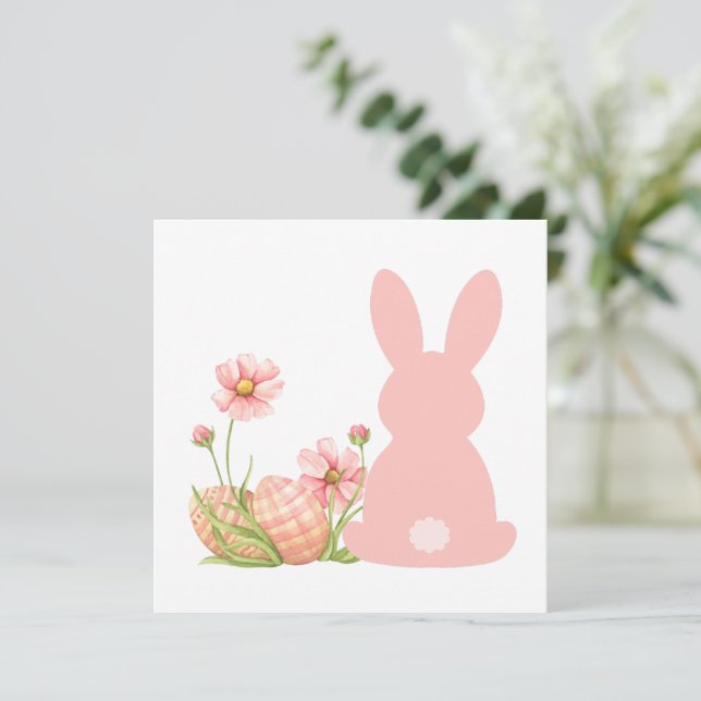 Tarjeta De Agradecimiento Cute Pink Easter Bunny with Spring Flowers  (Anverso de pie)