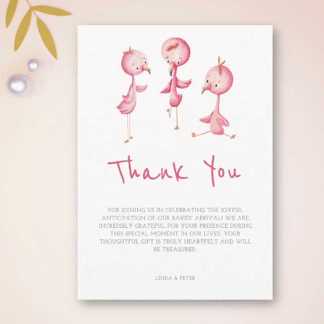 Tarjeta De Agradecimiento Cute Pink Flamingos Triplets Baby Shower (Subido por el creador)