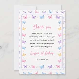 Tarjeta De Agradecimiento Cute Pink Purple Butterfly 1st Birthday for Girls