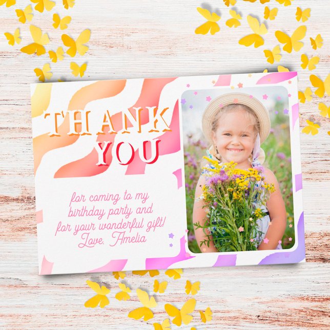 Tarjeta De Agradecimiento Cute Pink Yellow Waves Girl Photo Birthday  (Subido por el creador)