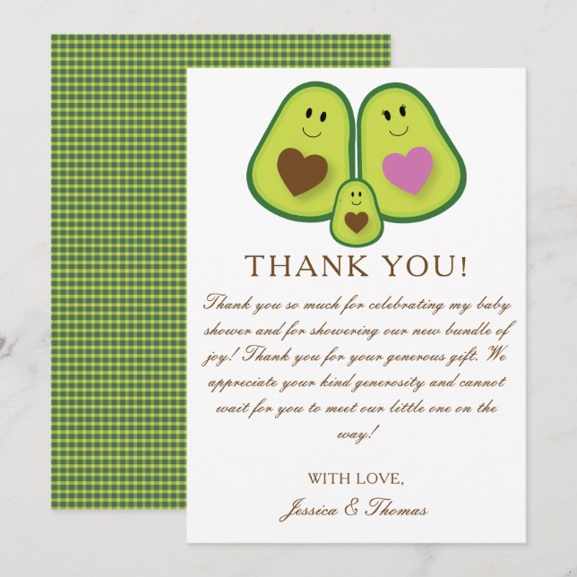 Tarjeta De Agradecimiento Cute Plaid Aguacate Género Neutral Baby Shower (Anverso / Reverso)