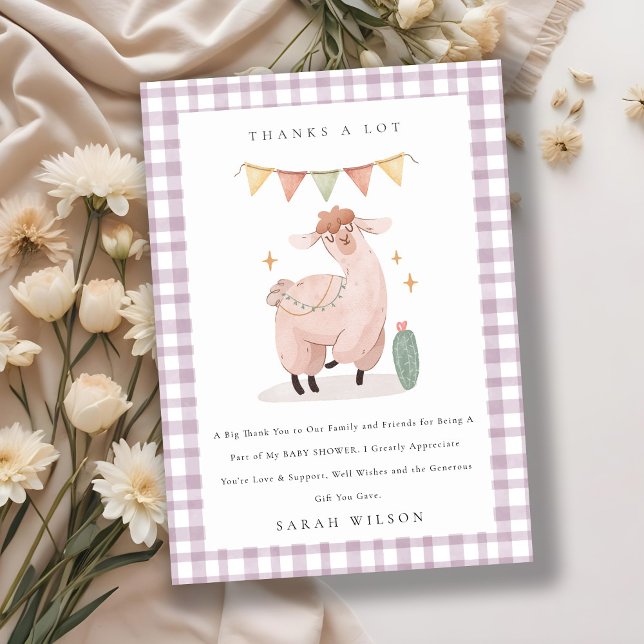 Tarjeta De Agradecimiento Cute Purple Plaid Cactus Boho Llama Baby Shower (Subido por el creador)