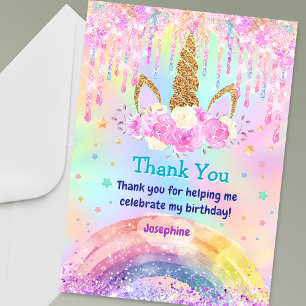 Tarjeta De Agradecimiento Cute Rainbow Unicorn rosa aqua Drips cumpleaños