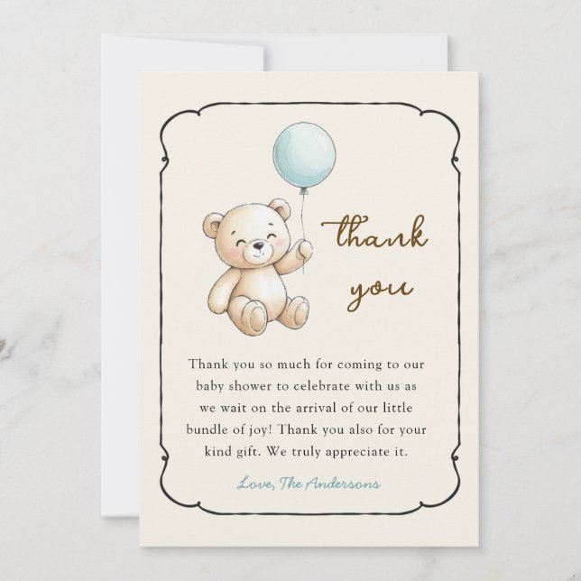 Tarjeta De Agradecimiento Cute retro Bear Baby Boy shower Thank you card (Anverso)