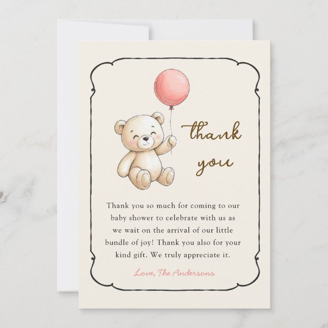 Tarjeta De Agradecimiento Cute retro Bear Baby girl shower Thank you card (Anverso)