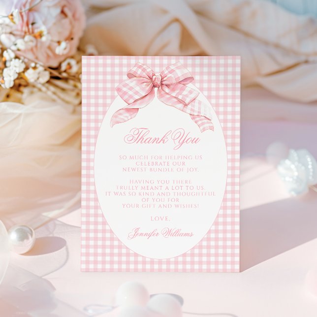 Tarjeta De Agradecimiento Cute Rosa Gingham Bow Preppy Baby Shower (Subido por el creador)