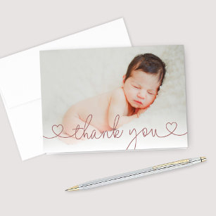 Tarjeta De Agradecimiento Cute Rose Pink Heart Script Custom Baby Girl Photo
