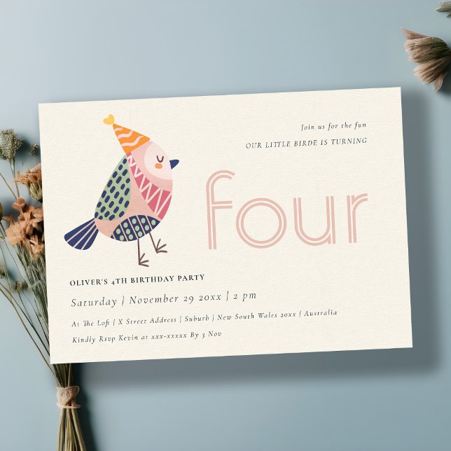 Tarjeta De Agradecimiento Cute Rubor Pink Birdie Any Age 4th Birthday Invite (Subido por el creador)