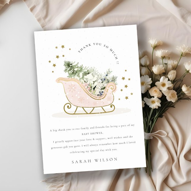Tarjeta De Agradecimiento Cute Rubor Pink Gold Winter Sleigh Baby Shower (Subido por el creador)