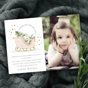 Tarjeta De Agradecimiento Cute Rubor Pink Gold Winter Sleigh Photo Birday