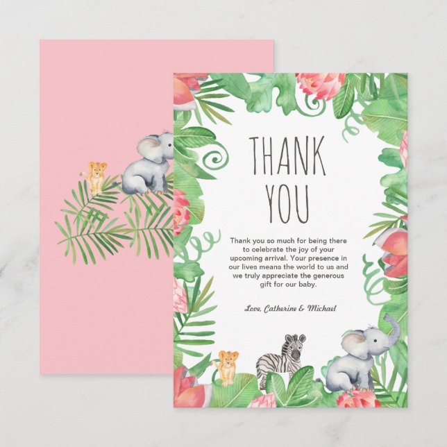 Tarjeta De Agradecimiento Cute Safari Animal Tropical Floral Baby Shower (Anverso / Reverso)