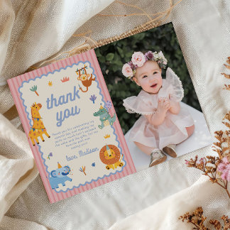 Tarjeta De Agradecimiento Cute Safari Animals Girl 1st Birthday Photo