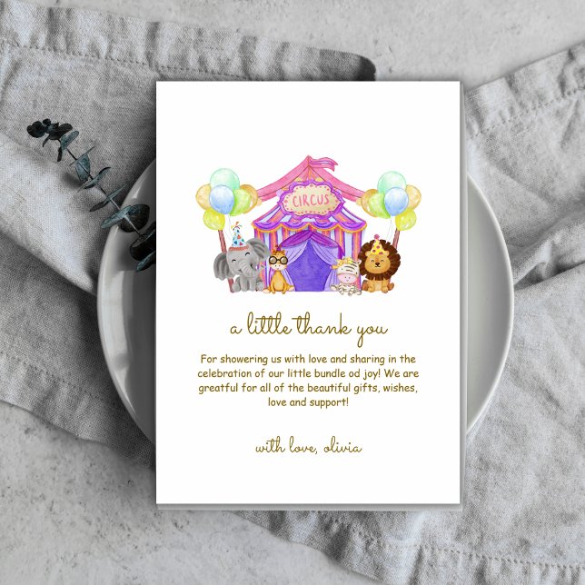 Tarjeta De Agradecimiento Cute Safari Circus Carnio Globo Baby Shower (Cute Safari Circus Carnival Balloon Baby Shower Thank You Card)