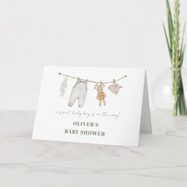 Tarjeta De Agradecimiento Cute Sage Green Boho Boy Ropa Baby Shower (Anverso)