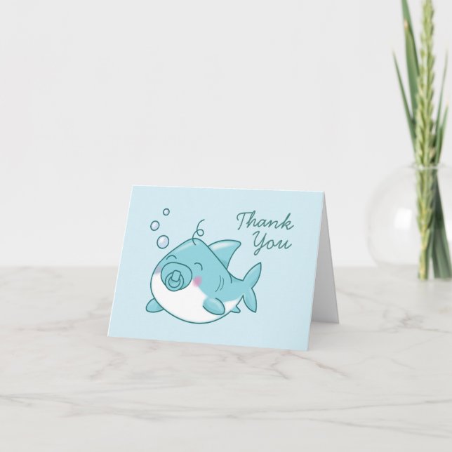 Tarjeta De Agradecimiento Cute Shark Baby Shower Kawaii Blue Boy Gracias (Anverso)
