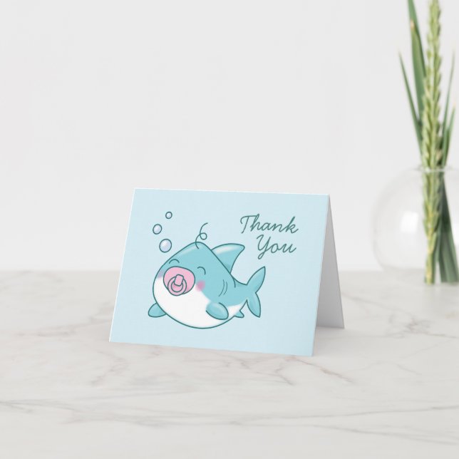 Tarjeta De Agradecimiento Cute Shark Baby Shower Kawaii Chica Rosa Gracias (Anverso)