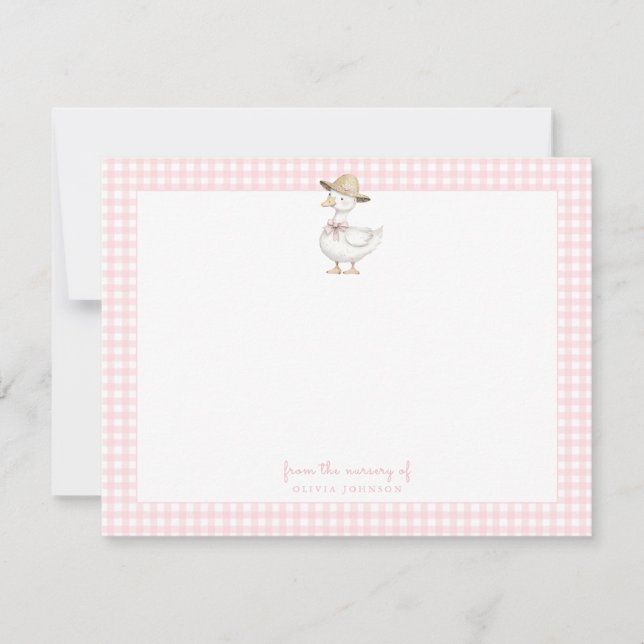 Tarjeta De Agradecimiento Cute Silly Goose rosa gingham bebé niña (Anverso)