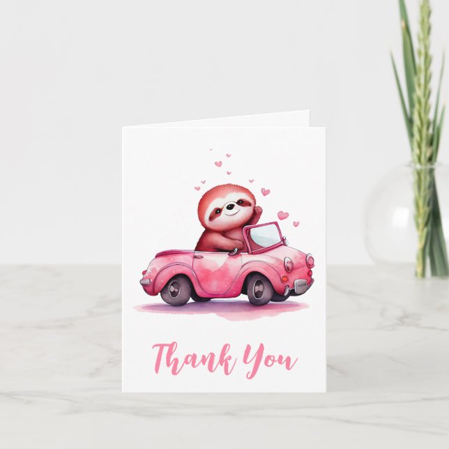 Tarjeta De Agradecimiento Cute Sloth in a Pink Convertible (Anverso)