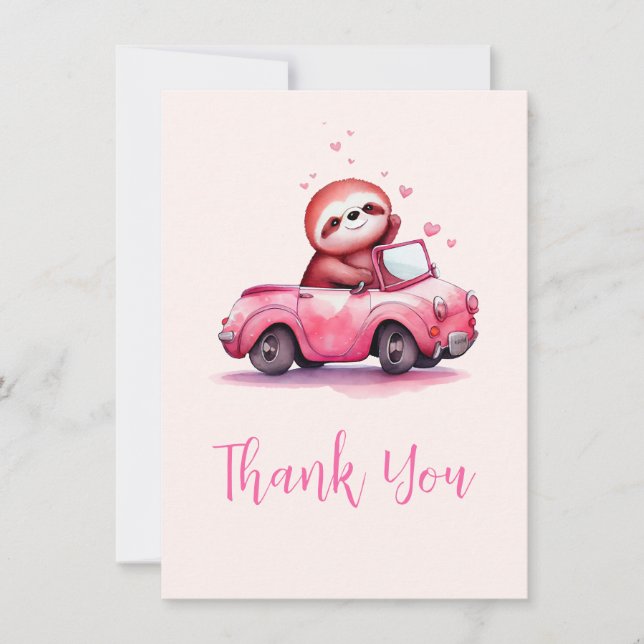 Tarjeta De Agradecimiento Cute Sloth in a Pink Convertible (Anverso)