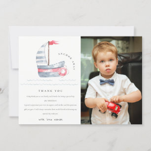 Tarjeta De Agradecimiento Cute Soft Rojo Azul Barco de Vela Niños Foto Cumpl