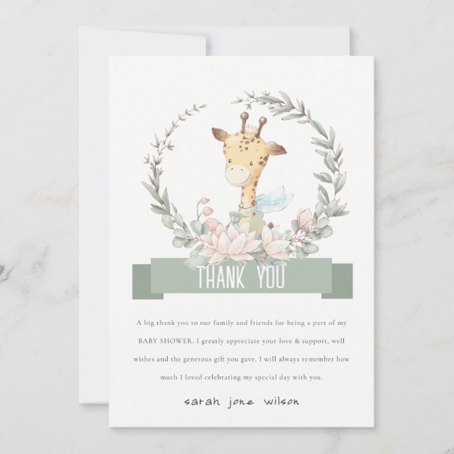 Tarjeta De Agradecimiento Cute Soft Safari Giraffe Floral Wreath Baby Shower (Anverso)