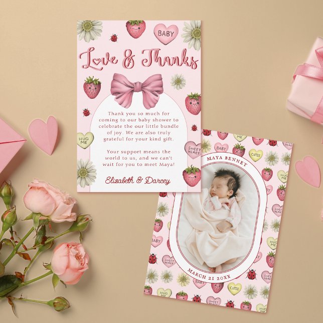 Tarjeta De Agradecimiento Cute Strawberry Valentines Baby Shower Gracias (Valentine's Day Baby Shower Thank you cards
)