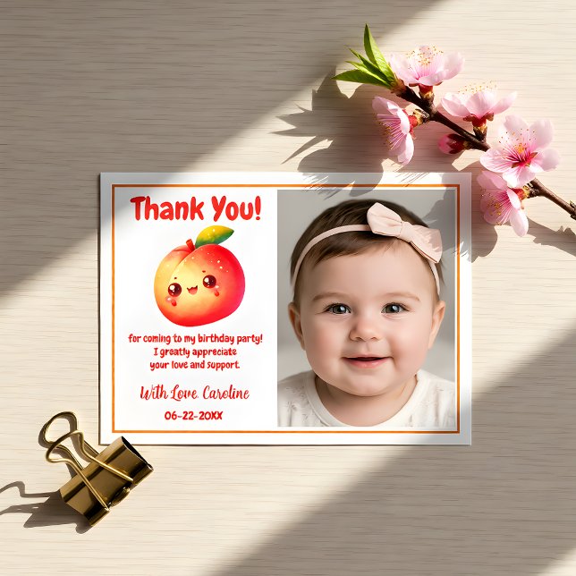 Tarjeta De Agradecimiento Cute Sweet Peach First Birthday Thank You (Subido por el creador)