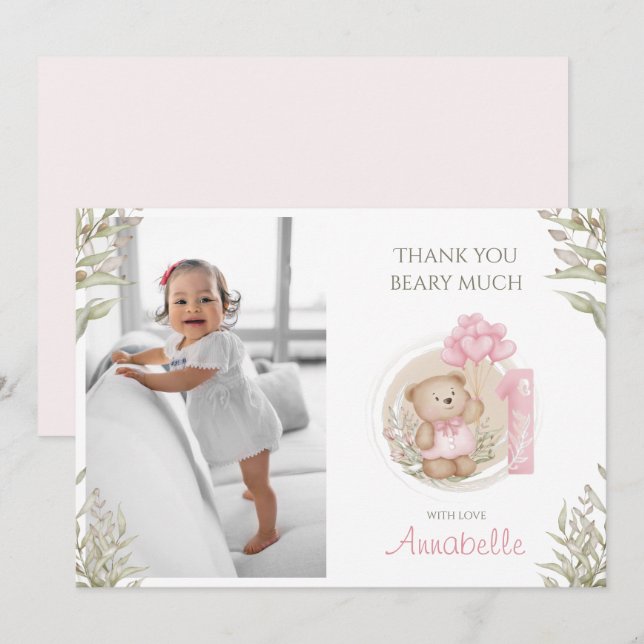 Tarjeta De Agradecimiento Cute Teddy Bear | 1 cumpleaños | Foto (Anverso / Reverso)