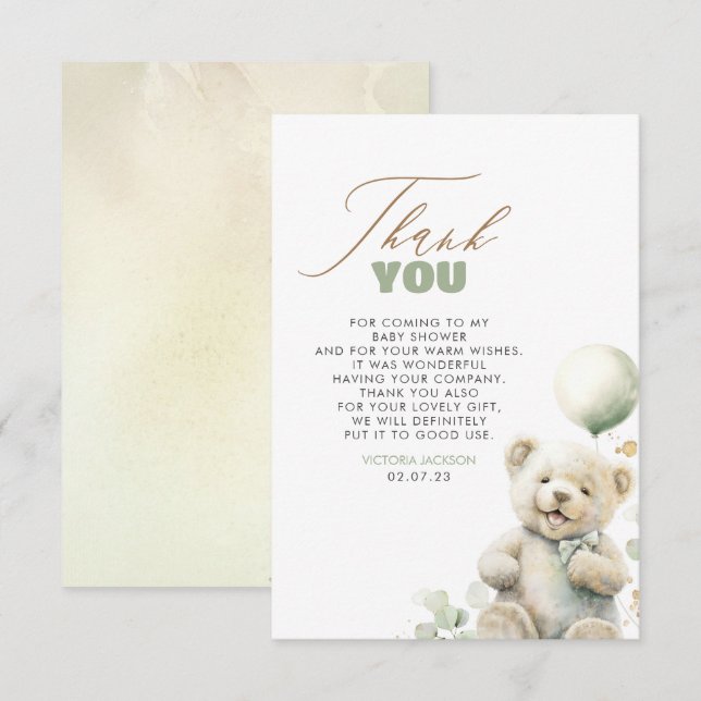Tarjeta De Agradecimiento Cute Teddy Bear Baby Shower Gracias (Anverso / Reverso)