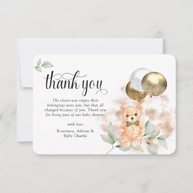 Tarjeta De Agradecimiento Cute Teddy Bear & Balloons Neutral Baby Shower (Anverso)