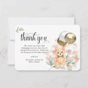 Tarjeta De Agradecimiento Cute Teddy Bear & Balloons Neutral Baby Shower