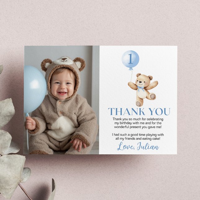 Tarjeta De Agradecimiento Cute Teddy Bear Blue Balloon Beary Birday Photo (Subido por el creador)