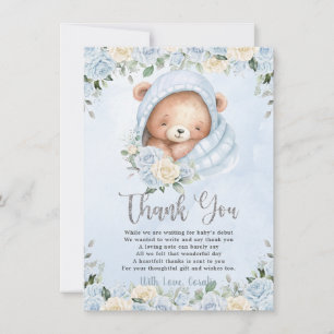 Tarjeta De Agradecimiento Cute Teddy Bear Blue Floral Bundé Boy Baby Shower