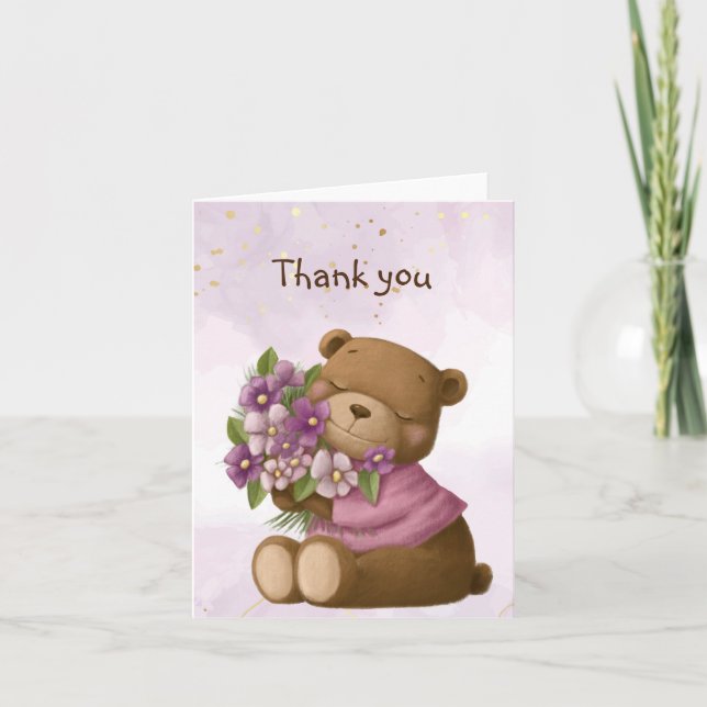 Tarjeta De Agradecimiento Cute Teddy Bear Bouquet Flowers Floral Gracias (Anverso)