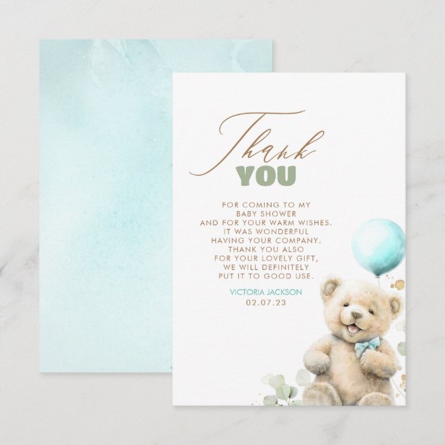Tarjeta De Agradecimiento Cute Teddy Bear Boy Baby Shower Gracias (Anverso / Reverso)