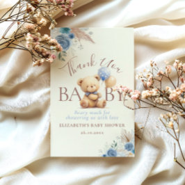 Tarjeta De Agradecimiento Cute Teddy Bear Globos Boho Azul Rosa Floral