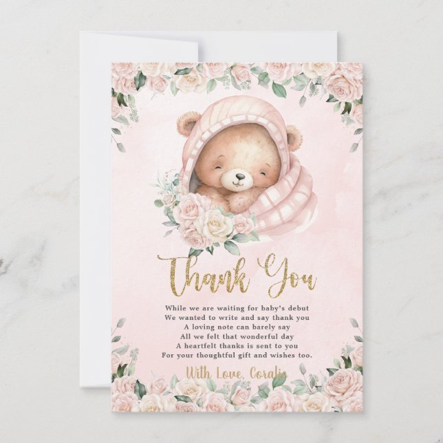 Tarjeta De Agradecimiento Cute Teddy Bear Rubor Chica Floral Rosa Baby Showe (Anverso)
