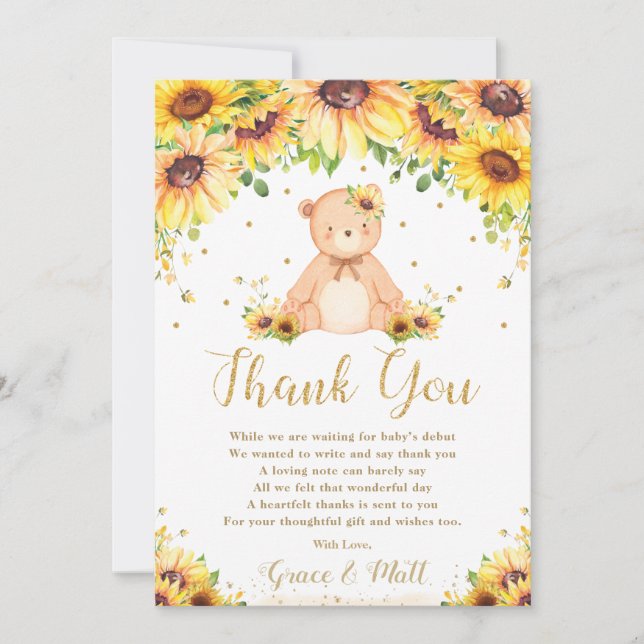 Tarjeta De Agradecimiento Cute Teddy Bear Sunflower Floral Baby Shower (Anverso)