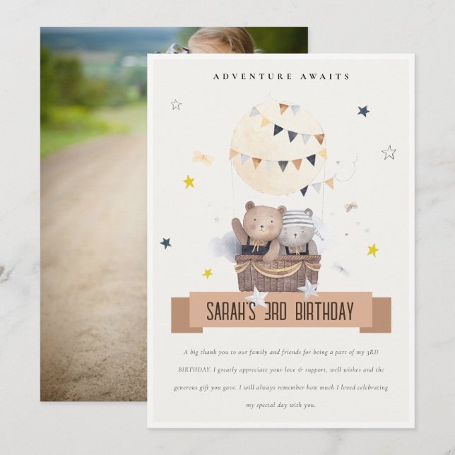 Tarjeta De Agradecimiento Cute Teddy Hot Air Balloon Kids Foto Cumpleaños (Anverso / Reverso)