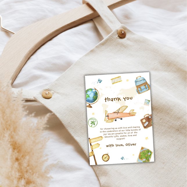 Tarjeta De Agradecimiento Cute Travel Around The World Airplane Baby Shower  (Cute Travel Around The World Airplane Baby Shower Thank You Card)