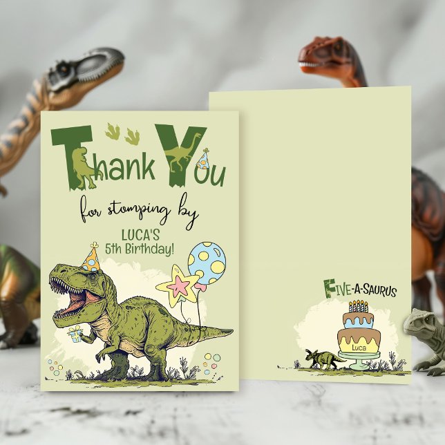 Tarjeta De Agradecimiento Cute TRex Dinosaur Five-Rex Boy 5th Birthday Party (Funny custom name Five-a-saurus Dinosaur Jurassic green 5th birthday party thank you for stomping by)